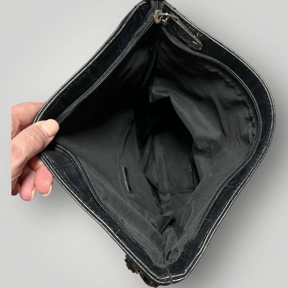 Nicole Miller Faux Leather Croc Embossed Fold Over Shoulder Bag‎ Roomy Mob Wife